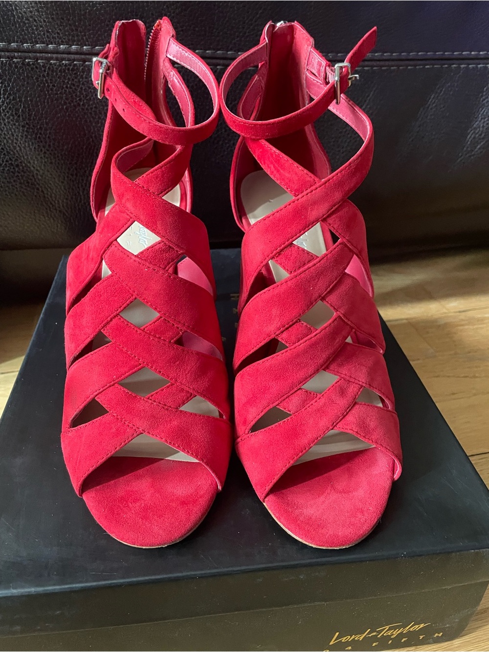 Lord & Taylor Red Suede Strappy Ankle Strap Block Heels